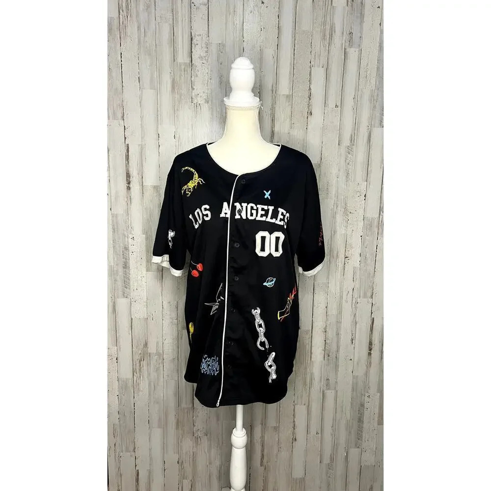 Rue 21 Men's Large Black Graphic Print Streetwear Button-Up Jersey‎
